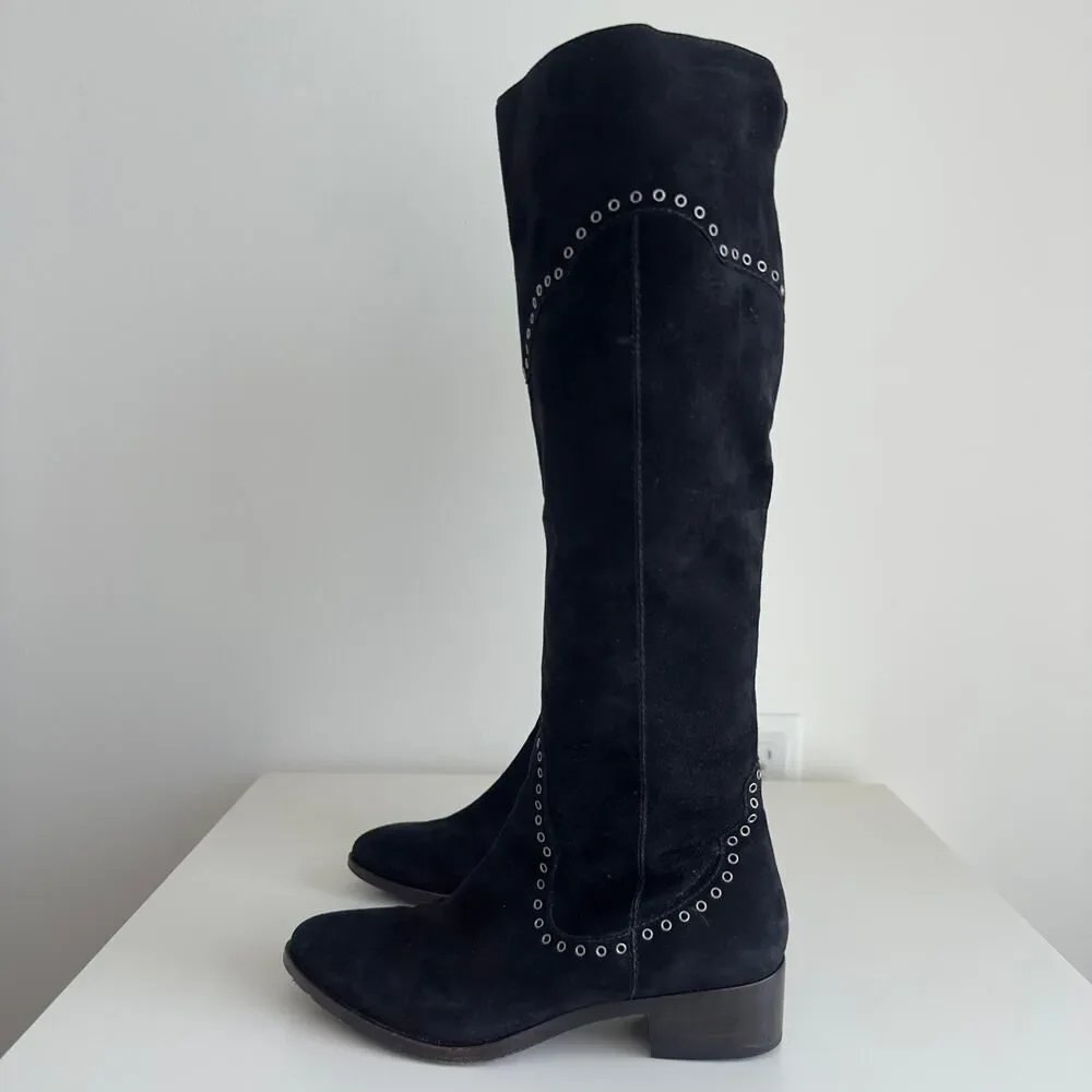 FRYE Boots Womens 6.5 Black Over The Knee Suede Leather Ray Grommet Studded